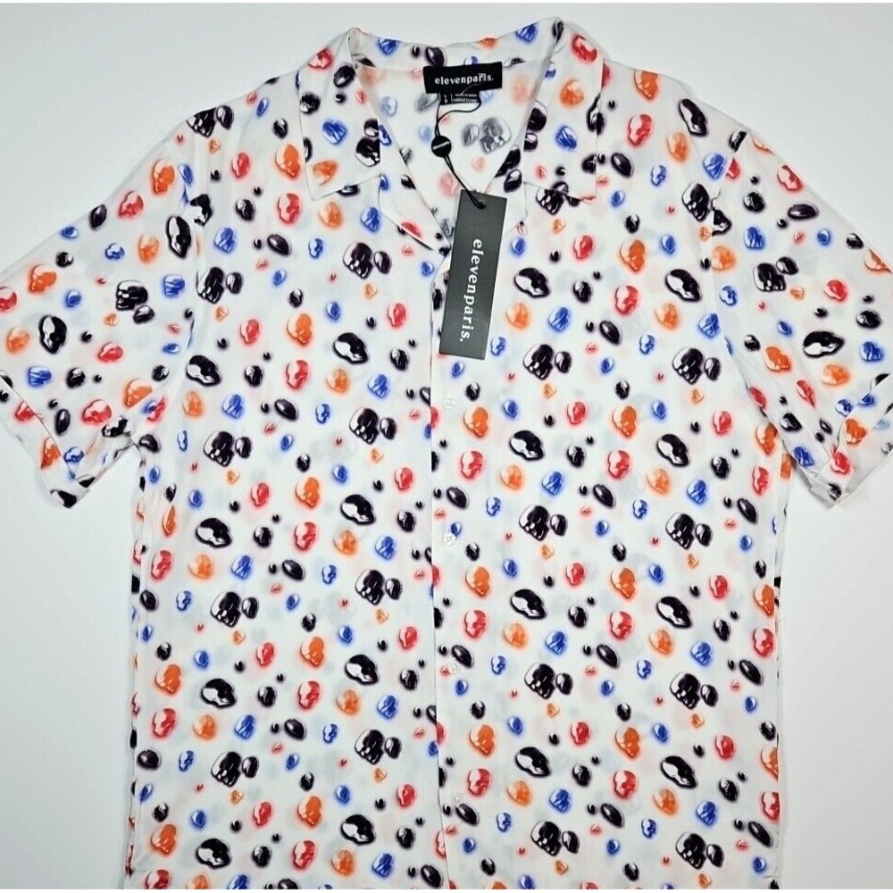 Eleven Paris Skull Print Viscose Short Sleeve Button-Up Shirt Size Large NWT‎